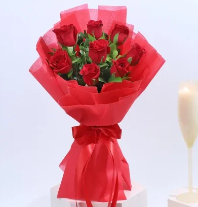 8 Red roses in red paper packing