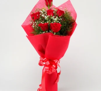 6 Red roses in red paper packing